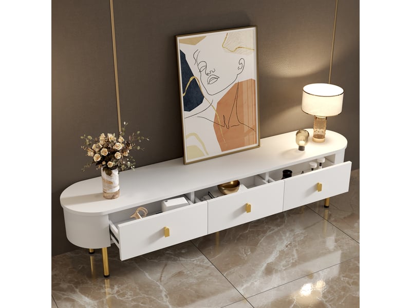  Meuble tv avec tiroirs, poignées et pieds dorés, coins arrondis, laqué blanc, 174 x 35 x 41 cm  - Conforama E