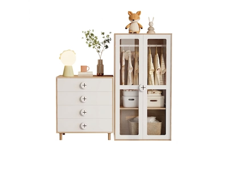  Armoire de chambre avec commode blanche et bois, meuble de rangement 160x50x150 cm  - Conforama A