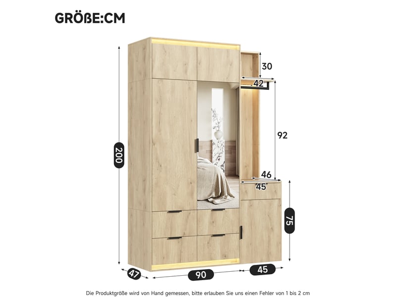  Armoire vestiaire 135x47x200 cm avec led, miroir, 2 barres de penderie et 5 tiroirs mdf couleur bois  - Conforama C