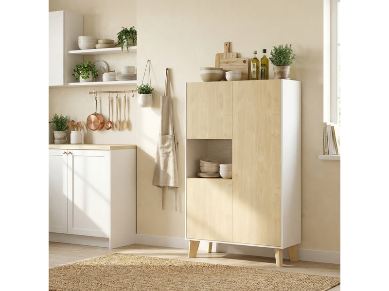  Buffet de salon, meuble de rangement à 6 compartiments avec portes à fermeture amortie, 80 x 40 x 135 cm, bois blanc et naturel  - Conforama D