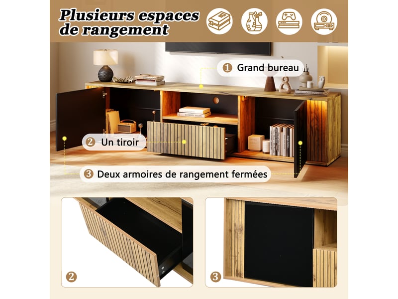  Meuble tv, avec éclairage led, rangement, aspect bois, 2 portes, 1 tiroir, noir‑bois, 180x40x51 cm  - Conforama E