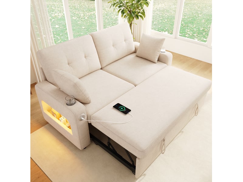 Canapé 2 places convertible 141,5 x 131 x 83,5 cm – beige – ports usb, led et rangements intégrés  - Conforama D