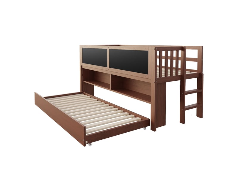  Lit gigogne enfant 90x200, gain de place lit gigogne, rangement ouvert intégré, couchage gigogne, structure bois massif, panneaux tableau graffiti, échelle, sans matelas  - Conforama E