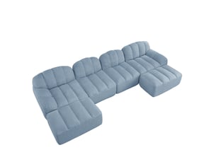 Canapé modulable en u 4 places avec 2 poufs bleu – tissu polaire granulé