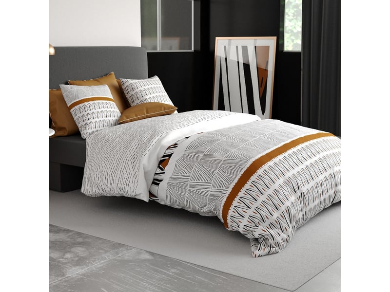  Parure housse de couette 240x220cm + 2 taies motif graphique blanc, noir et jaune 100% coton - selina SELINA - Conforama B
