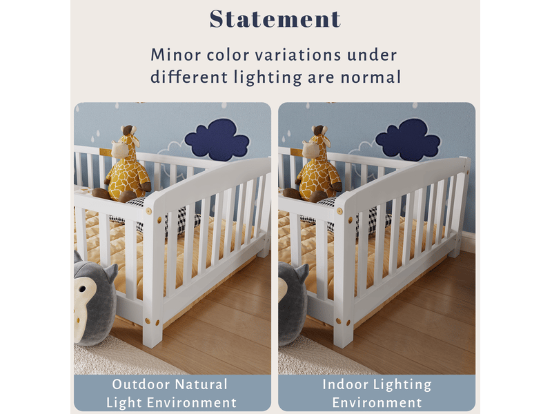  Lit bas enfant simple 90×200 cm avec barrière et entrée centrale - okmyhome- pin blanc, sans matelas  - Conforama E