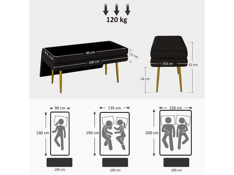  Banc coffre avec espace de rangement velours et acier noir 100 x 37,5 x 42 cm  - Conforama C