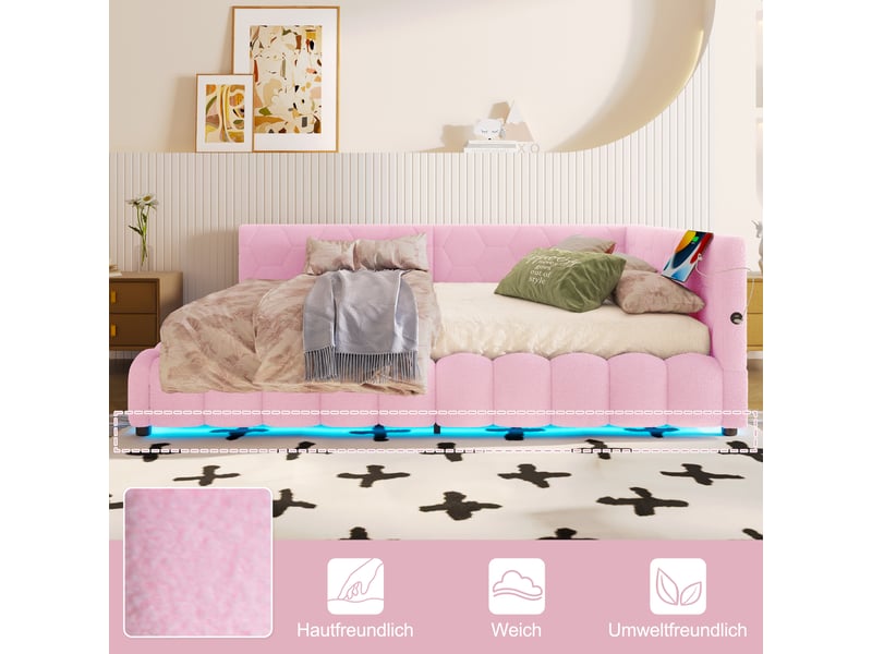  Lit de jour 140x200 canapé lit en velours rose avec coffre de rangement hydraulique et ports usbtype-c  - Conforama D