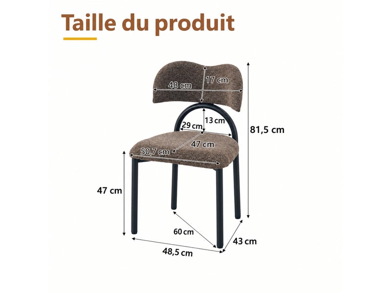  Chaises de salle à manger lot de 2 rembourrées, tissu marron, pieds métal noir  - Conforama C