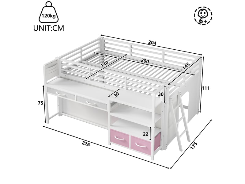  Lit mezzanine 140x200 cm blanc avec bureau, rangements et éclairage led  - Conforama C