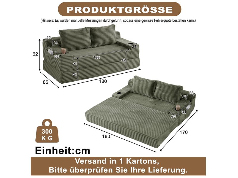  Canapé-lit 2 places convertible avec porte-gobelets et poches de rangement, velours côtelé vert sans matelas, 300 kg  - Conforama C