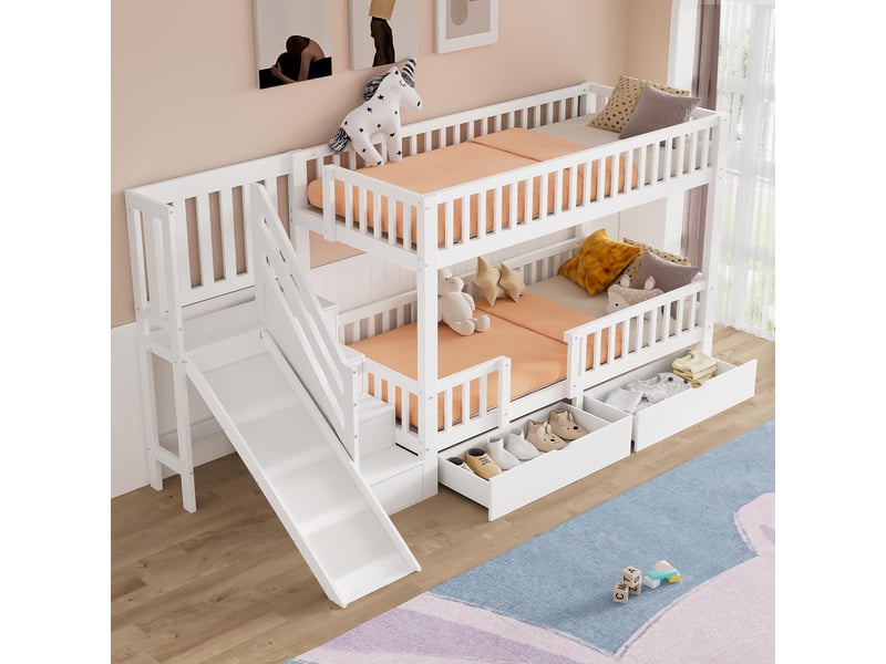  Lit superposé enfant, 90x200 cm, lit cabane avec toboggan et escalier de rangement tiroirs, lit gain de place, blanc  - Conforama B