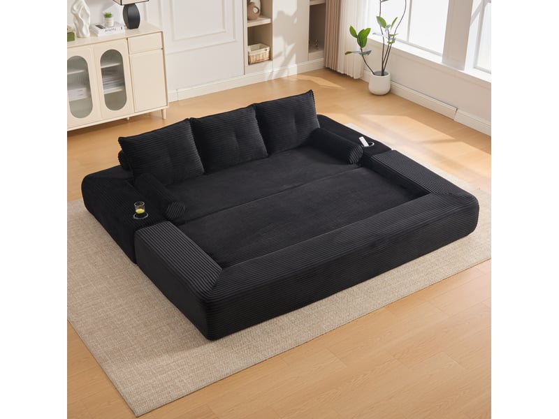 Canapé convertible 3 places en velours côtelé noir avec porte-gobelet - Conforama D
