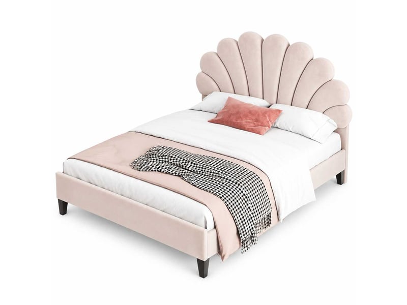  Lit double rembourré 2 places 140x200 cm avec tête de lit fleur capitonnée, sommier à lattes, cadre robuste, velours beige, adulte et adolescent  - Conforama A