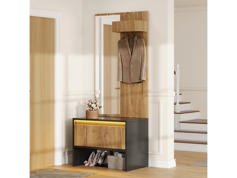  Vestiaire d'entrée avec banc à chaussures, miroir et 2 tiroirs, meuble d'entrée noir et bois 60x38x145 cm  - Conforama R