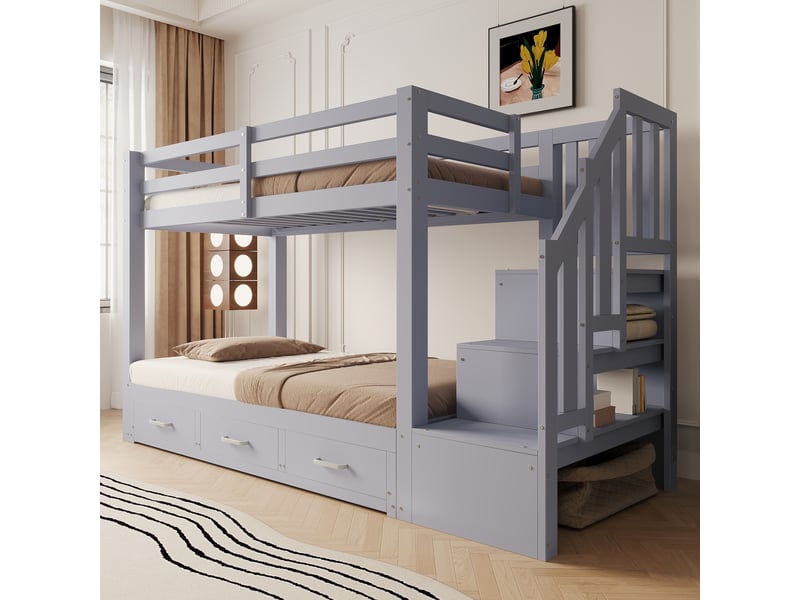 Lit mezzanine 90x200 cm avec lit gigogne, lit enfant avec échelle de rangement à plusieurs tiroirs, gris, lit en bois - Conforama D