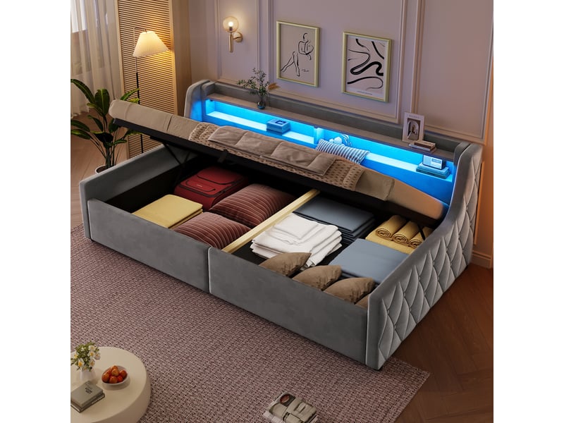  Lit pour jeune, 90x200 cm, coffre avec ouverture hydraulique, tete de lit led, allure moderne, flanelle, coloris gris  - Conforama D