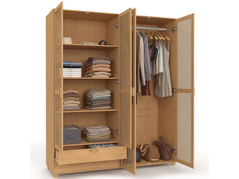  Armoire 4 portes edhen bois et cannage penderie 160 cm avec 2 tiroirs et étagères  - Conforama C