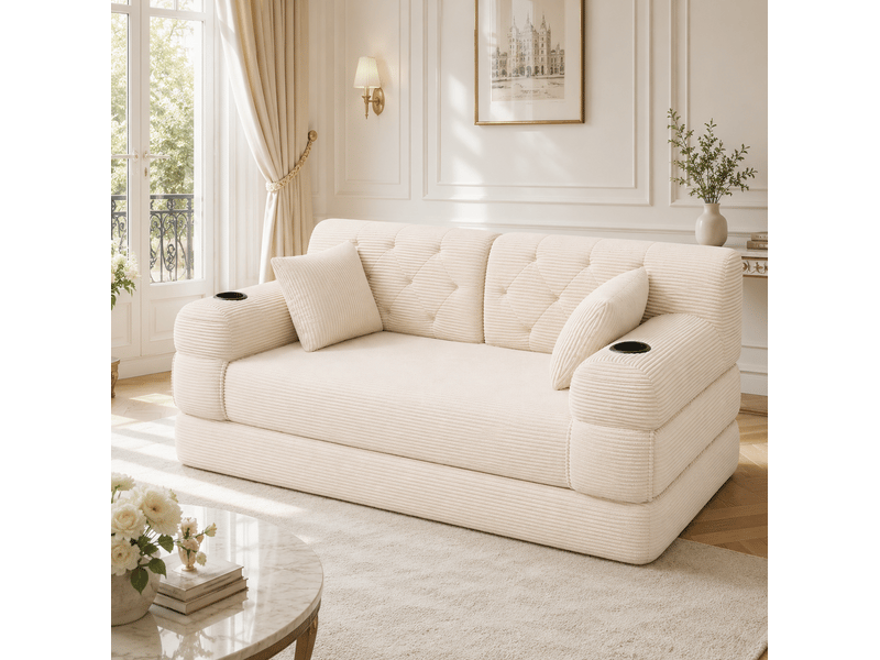  Canapé convertible compressé 3 places en velours côtelé beige avec porte-gobelets et poches  - Conforama E