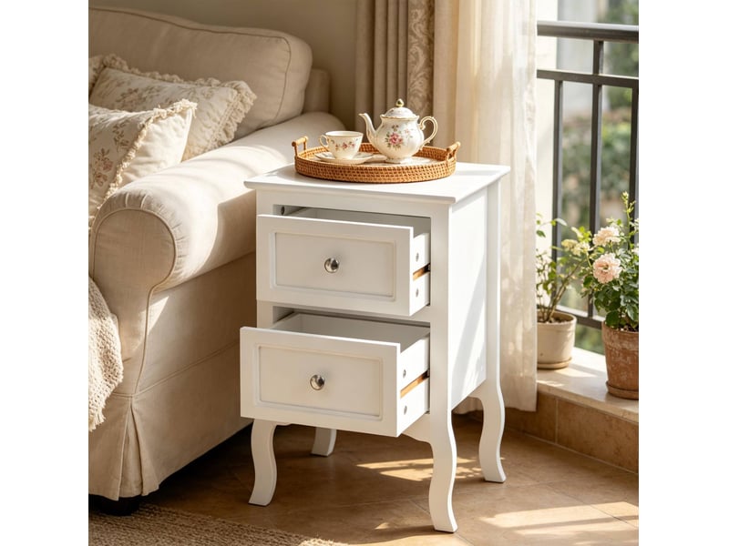  Table de chevet blanche à 2 tiroirs en mdf laqué avec poignées en métal  - Conforama B