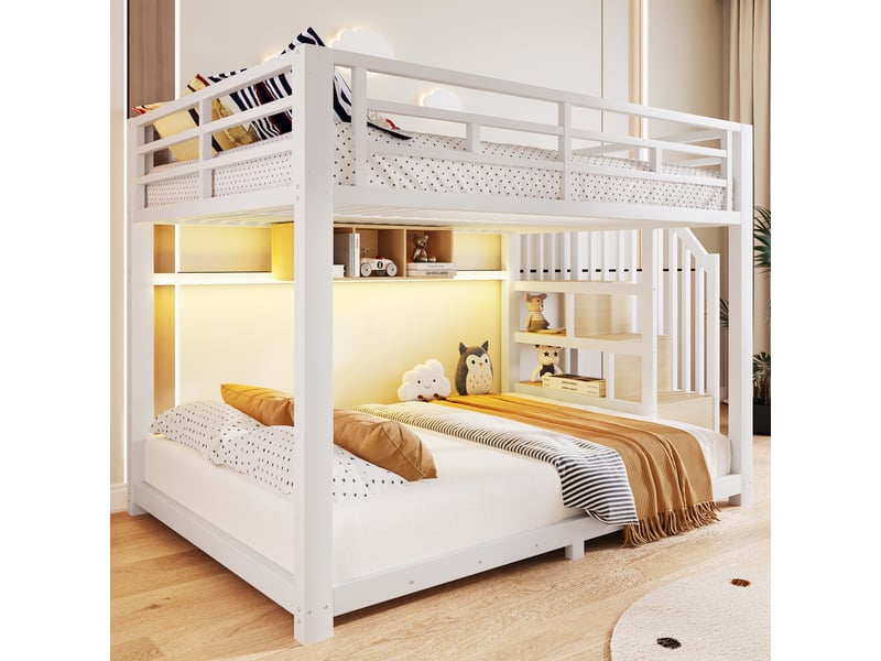  Lit superposé - 140x200 cm - échelle - barrières de sécurité - rangements intégrés - éclairage led - structure métal - blanc CozyNest - Conforama B