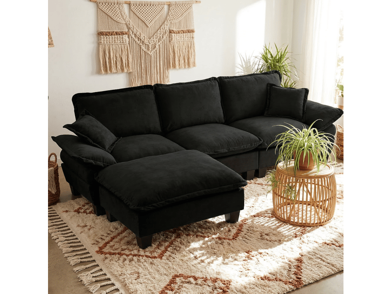 Canapé d’angle modulable 264x155x90 cm avec ottomane en chenille noir - Conforama E