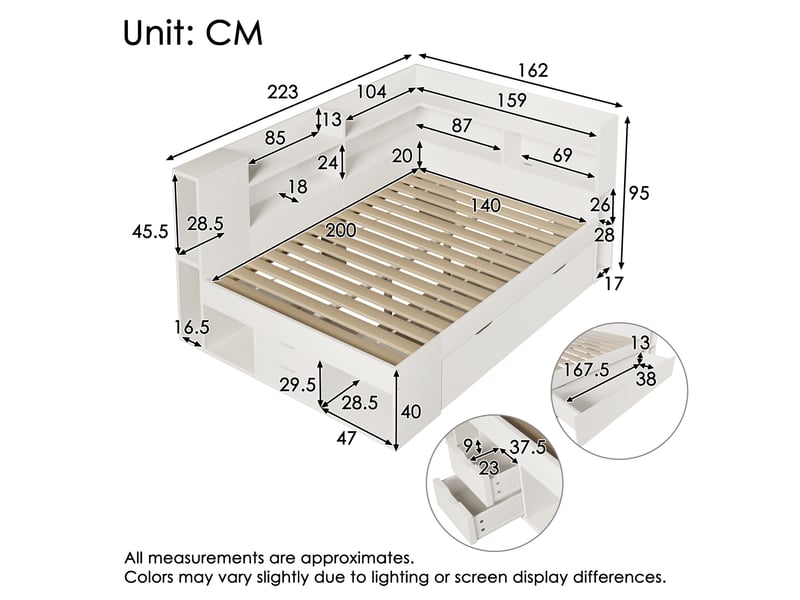  Lit banquette 140x200 cm, tiroirs, éclairage led, usb et usb-c, sommier à lattes, étagères, grand rangement pour chambre - blanc  - Conforama C