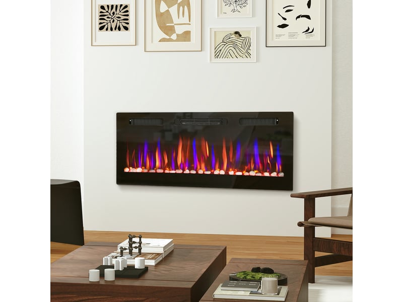 Cheminée électrique encastrable ultra-mince avec flamme 3d, luminosité et vitesse réglables, 12 couleurs de galets, 9001800 w - Conforama C