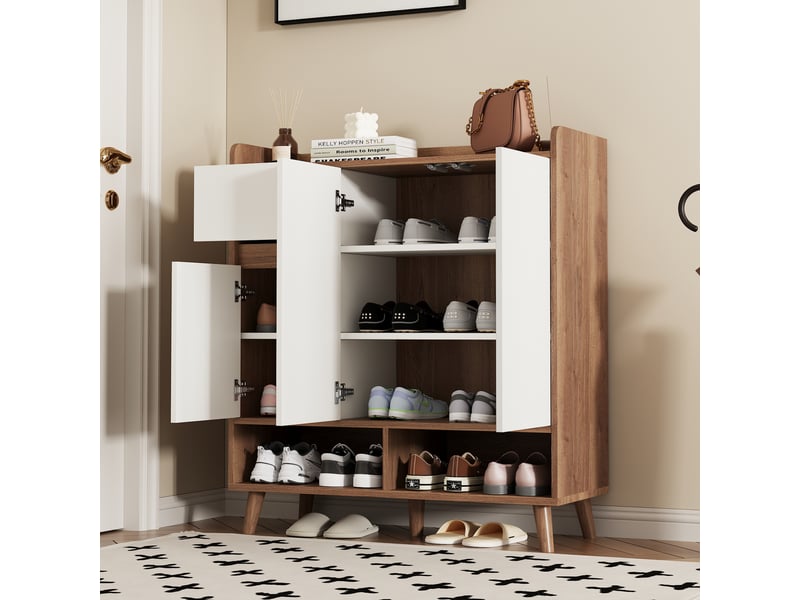  Meuble à chaussures 90x35x99 cm avec portes, niches ouvertes, étagères réglables et pieds en bois - Blanc et naturel Fay Lum - Conforama D