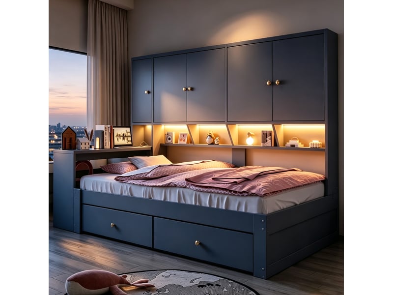  Lit avec rangement 90x200 cm gris avec bureau, rangements, led et prises  - Conforama D