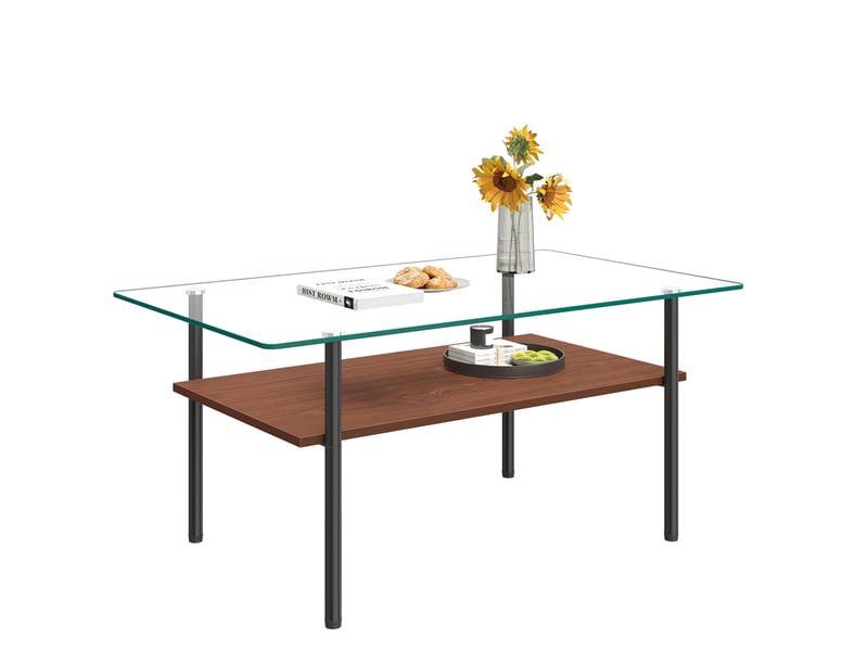 Table basse avec plateau en verre, étagère de rangement en mdf et structure en métal noir, pour salon, 98 × 58 × 45 cm - Conforama A