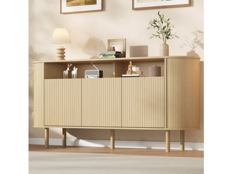 Buffet bas avec 3 portes ondulées et 2 niches ouvertes, 5 pieds, pour salon et salle à manger, coloris bois naturel - Conforama E