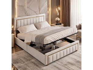Lit coffre 140x200, lit 2 places avec rangement hydraulique, tête de lit et sommier à lattes, velours beige