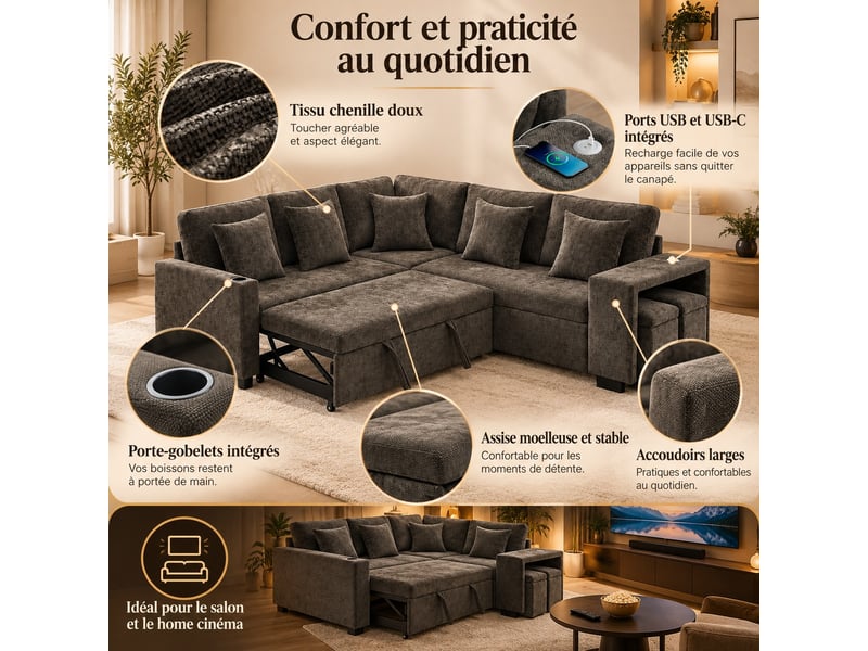 Canapé d'angle réversible convertible 5 places avec coffre, pouf, ports usb-c et porte-gobelets, chenille gris, 220 cm - Conforama E