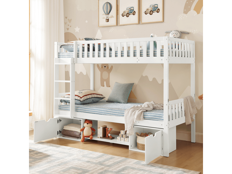  Lit double enfant, 90 × 200 cm, avec barrières de sécurité et tiroirs de rangement, échelle incluse, sans matelas, blanc  - Conforama D