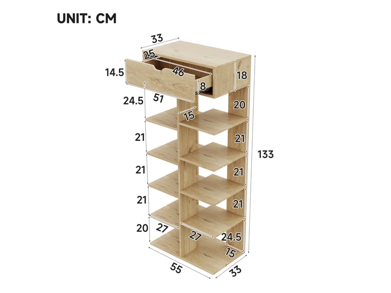  Meuble à chaussures 55x33x133cm bois naturel - meuble d'entrée ouvert avec 10 étagères, 1 tiroir et rangement multifonctionnel  - Conforama D