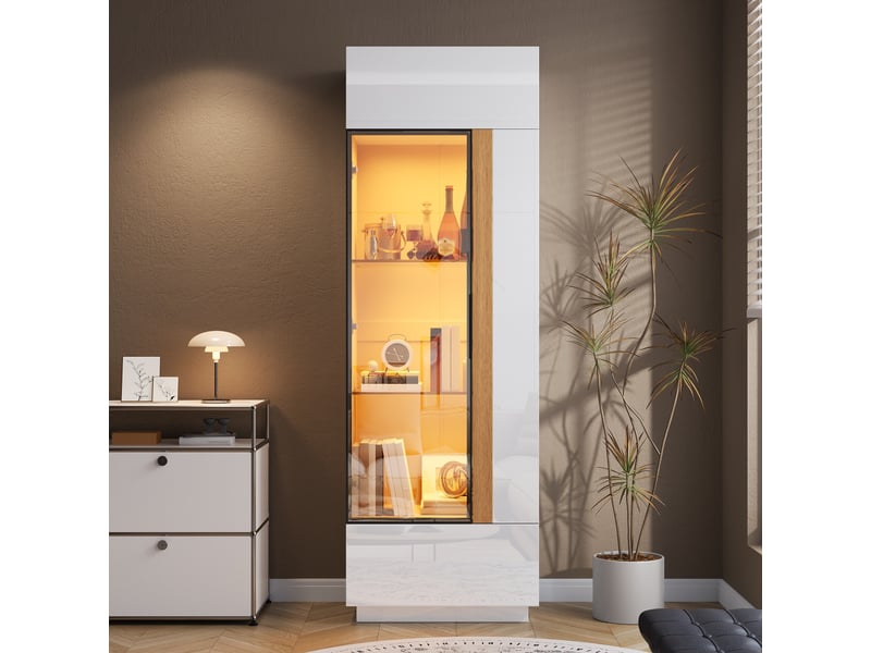  Vitrine haute 60x40x180 cm, éclairage led, commande par application, portes vitrées, grand rangement pour salon et séjour - blanc  - Conforama E