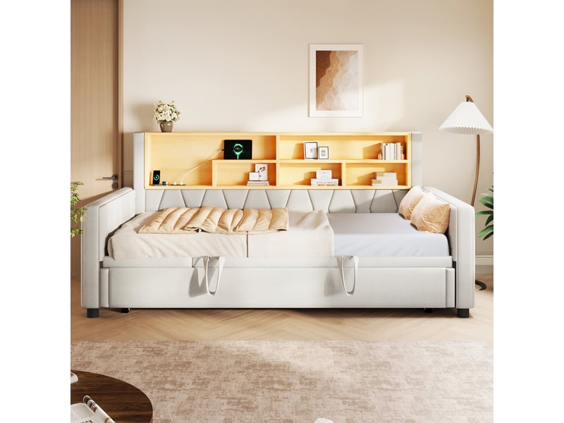 Canapé-lit 90 × 200 cm + 180 × 200 cm – avec bande led – avec prise électrique – revêtement en lin – beige (matelas non inclus) - Conforama D