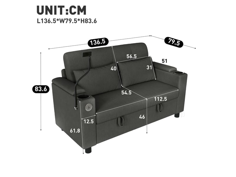 Canapé 2 places tcqpz 136,5 x 79,5 x 83,6 cm avec rangement usb type-c velours côtelé gris  - Conforama C