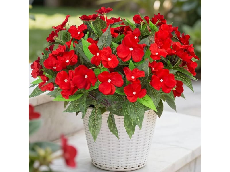  Impatiens artificielles extérieures – rouge, résistantes aux uv, plantes en soie pour jardin et terrasse  - Conforama A