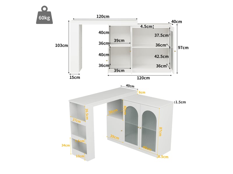  Table de bar 120 x 40 x 97 cm, pivotante à 360°, table à manger avec 3 portes, rangement ouvert - blanc  - Conforama C