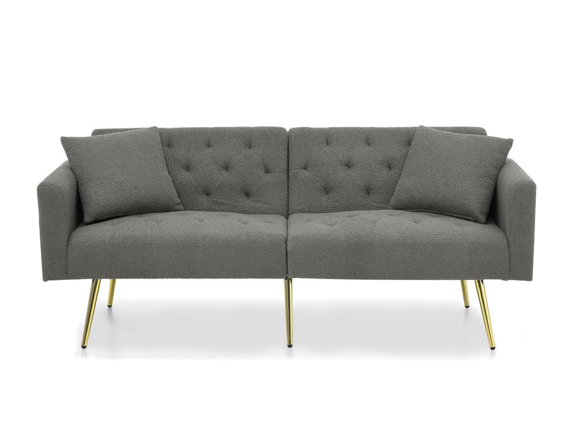  Canapé 2 places convertible 177x78x74 cm gris en tissu bouclette, dossier réglable 3 positions, pieds métal doré  - Conforama A