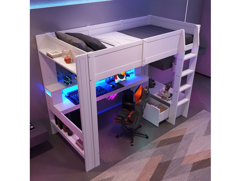  Lit mezzanine 90x200 cm avec bureau, rangements et led,coloris blanc  - Conforama E