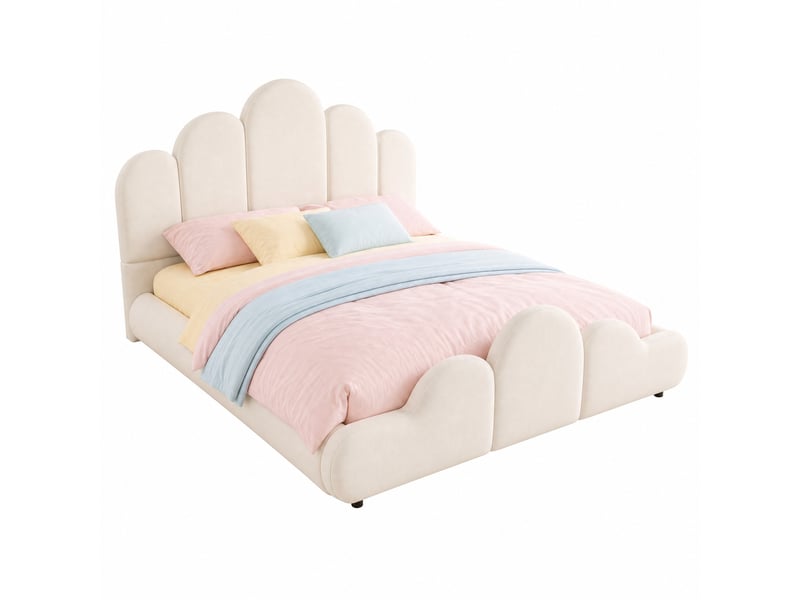  Lit enfant rembourré 140 × 200 cm 2 places avec tête de lit et coins arrondis, sans matelas, en velours, beige  - Conforama A