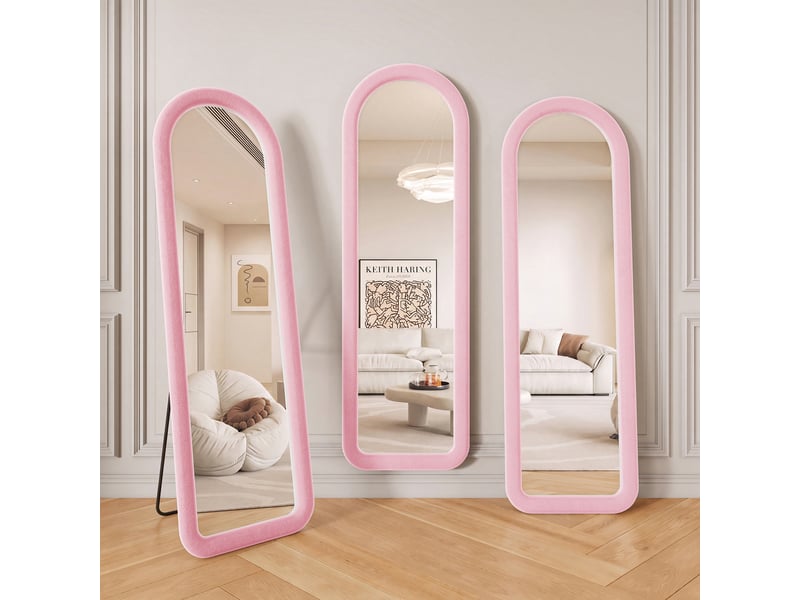  Miroir plein pied arche 160x50 cm, cadre rembourré en flanelle rose, miroir au sol décoratif pour chambre et salon  - Conforama W