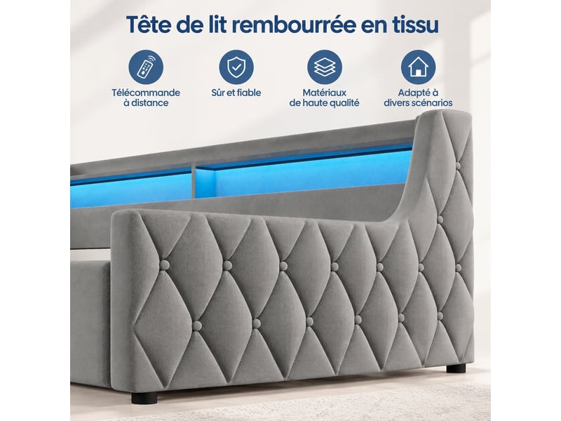  Lit coffre 90 x 200 cm en velours gris avec ouverture hydraulique et éclairage led multicolore, sans matelas  - Conforama E