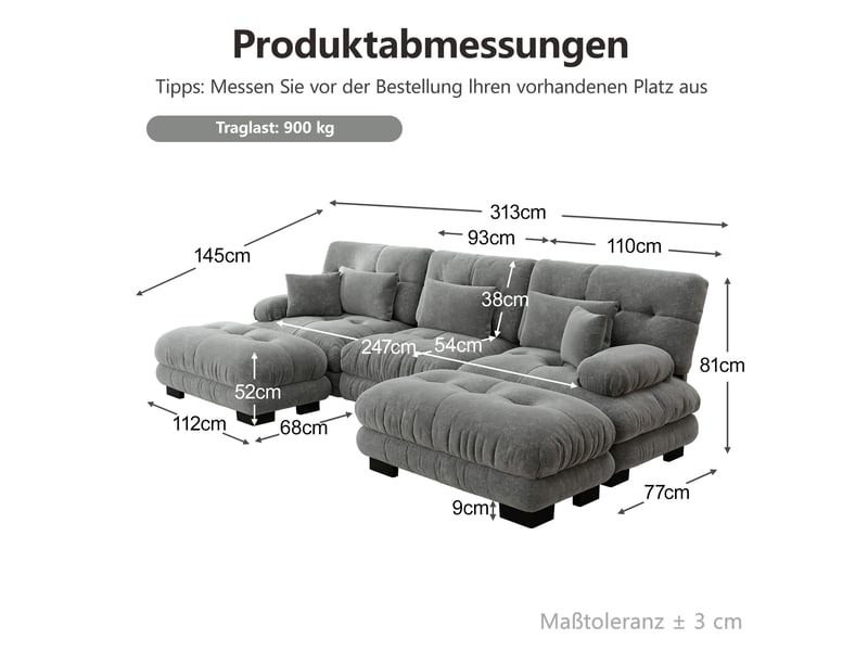 Canapé modulable modenvie 3 places gris en chenille 313 x 145 x 81 cm avec ottomans mobiles - Conforama C