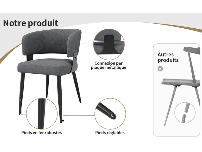 Chaise moderne lot de 6 avec dossier incurvé et assise en flanelle confortable, pieds métal - gris - Conforama C