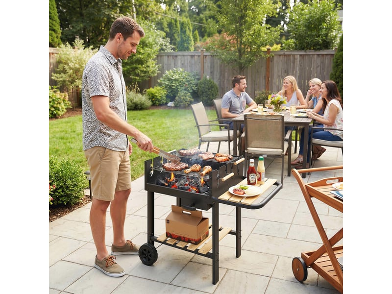  Chariot barbecue au charbon avec 2 grilles réglables, roues et tablette latérale, noir  - Conforama C