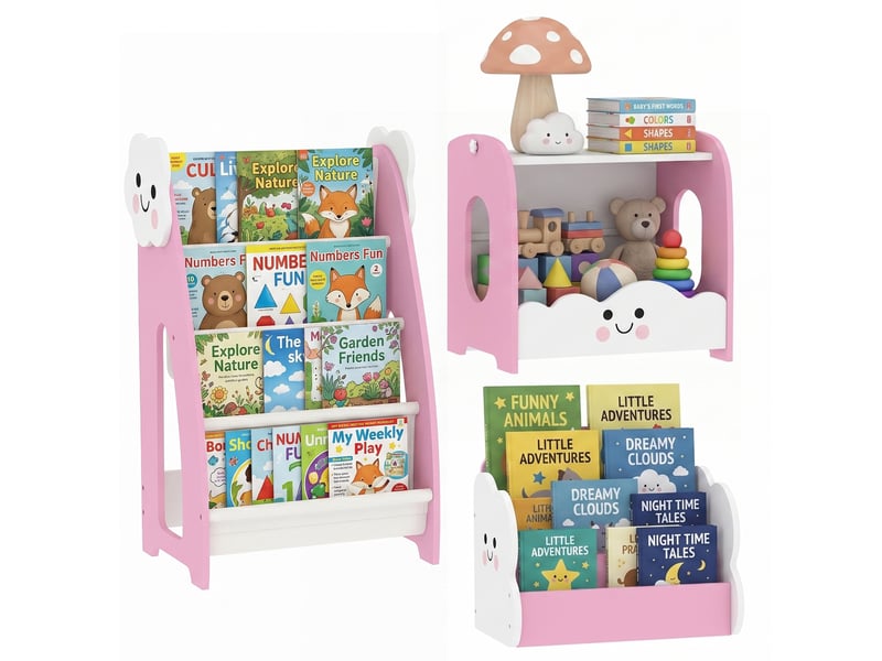 Meuble en bois pour enfant avec porte-revues, bibliothèque à 3 niveaux et table de chevet, 85,5 x 32 x 72 cm, rose et blanc - Conforama A